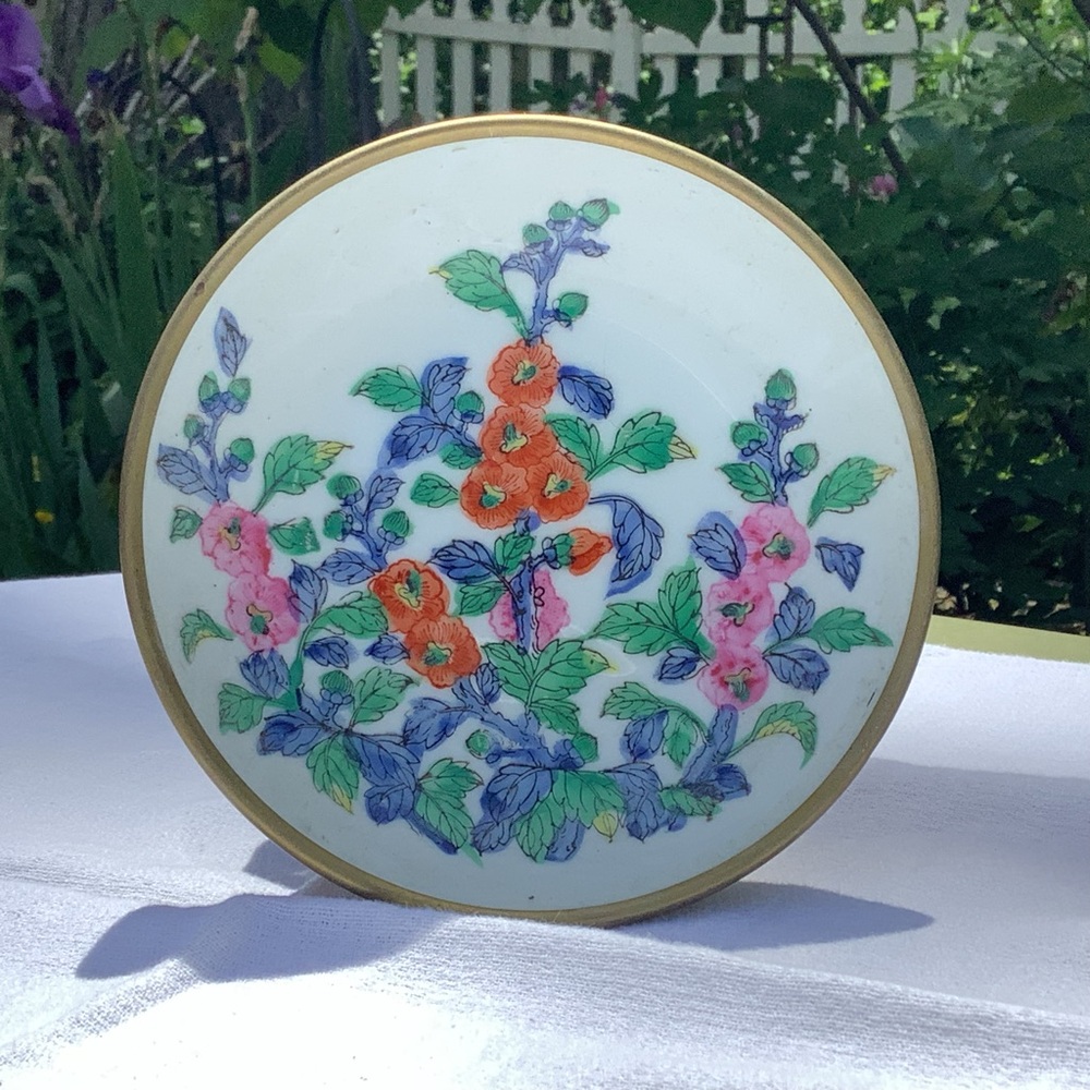 Vintage Japanese Porcelain &  Brass Bowl Hand Painted Hong Kong Encased Flowers